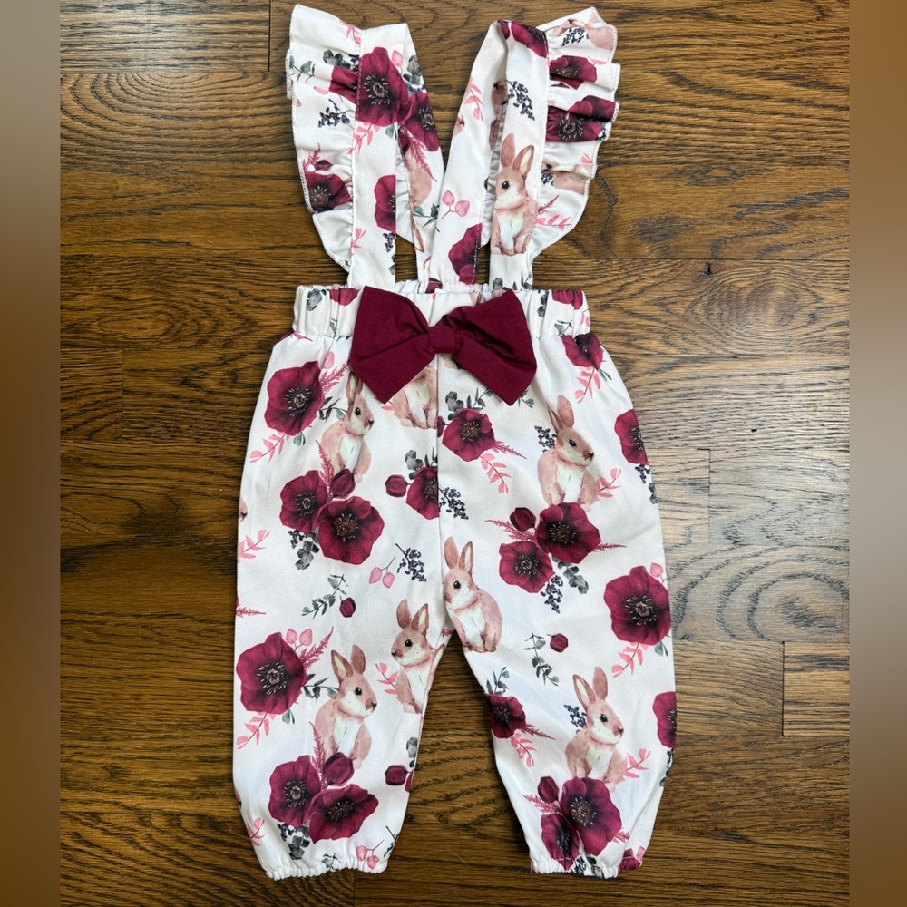 Girls Boutique Baby Floral Bunny Ruffle Strap Romper with Bow One Piece 0-3 Mths